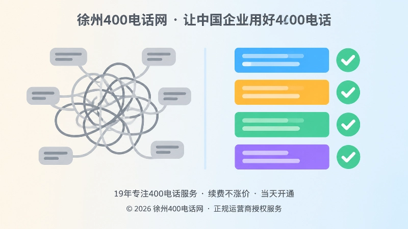 扁平化对比插画：左侧杂乱灰色线团代表说法不一致，右侧整齐彩色方块与对勾代表信息统一
